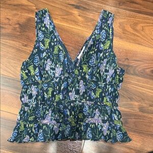 Ramy Brook Floral V-Neck Blouse - Blue and Green